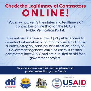 for authentication, email us at pcab@construction.gov.ph|How to Verify a Contractor using the PCAB Portal Verification .